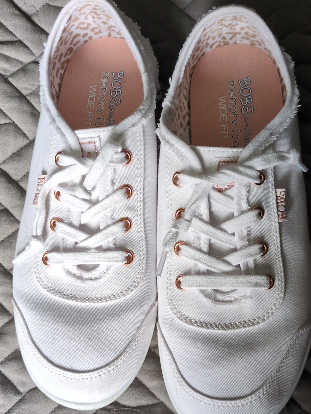 Boba Skechers White Canvas Lace-Up Sneakers with Rose Gold Accents